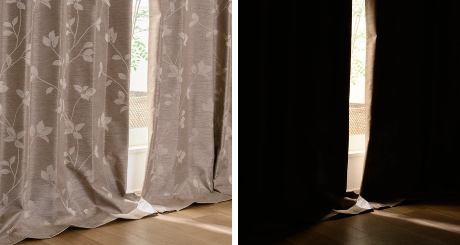 冬場の冷気対策として裏地付き二重遮光カーテンを使用する場合は、カーテンサイズを測る際に丈をすこし長めにすると良い