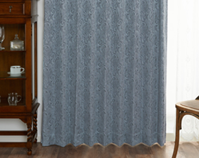 ダークブルー　美しいペイズリー柄の裏地付き1級遮光カーテン