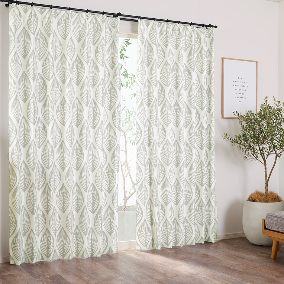 北欧テイストの優しいリーフ柄がおしゃれな完全遮光カーテン　D-1162