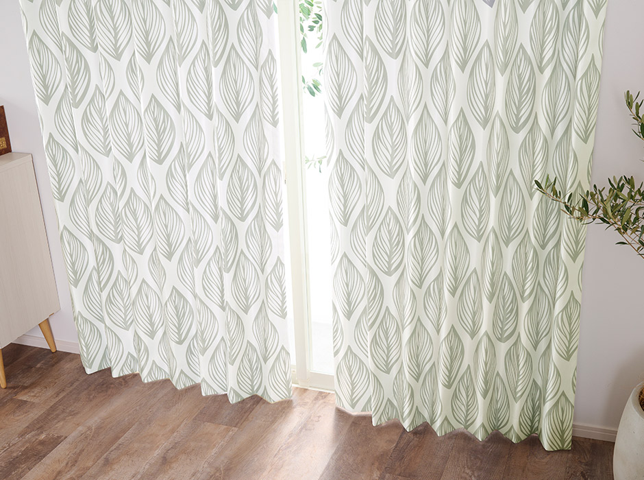 北欧テイストの優しいリーフ柄がおしゃれな完全遮光カーテン　D-1162