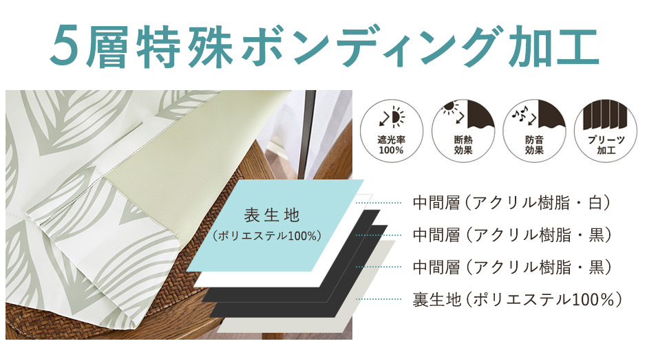 北欧テイストの優しいリーフ柄がおしゃれな完全遮光カーテン　D-1162