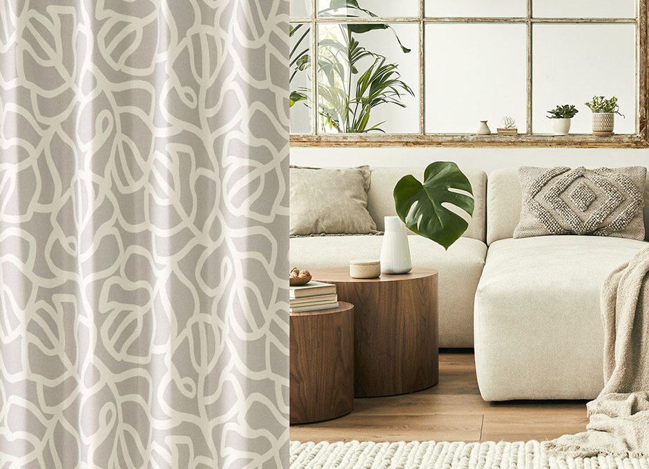 幾何学模様のようなモンステラ柄がモダンな1・2遮光カーテン　D-1168