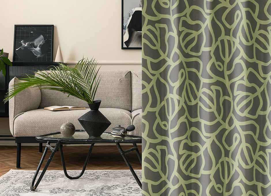 幾何学模様のようなモンステラ柄がモダンな1・2遮光カーテン　D-1168