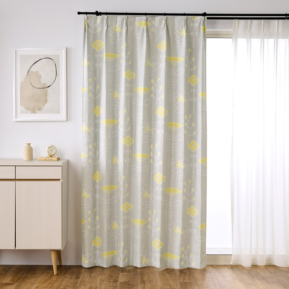 北欧テイストの優しいリーフ柄が完全遮光カーテン　D-1161