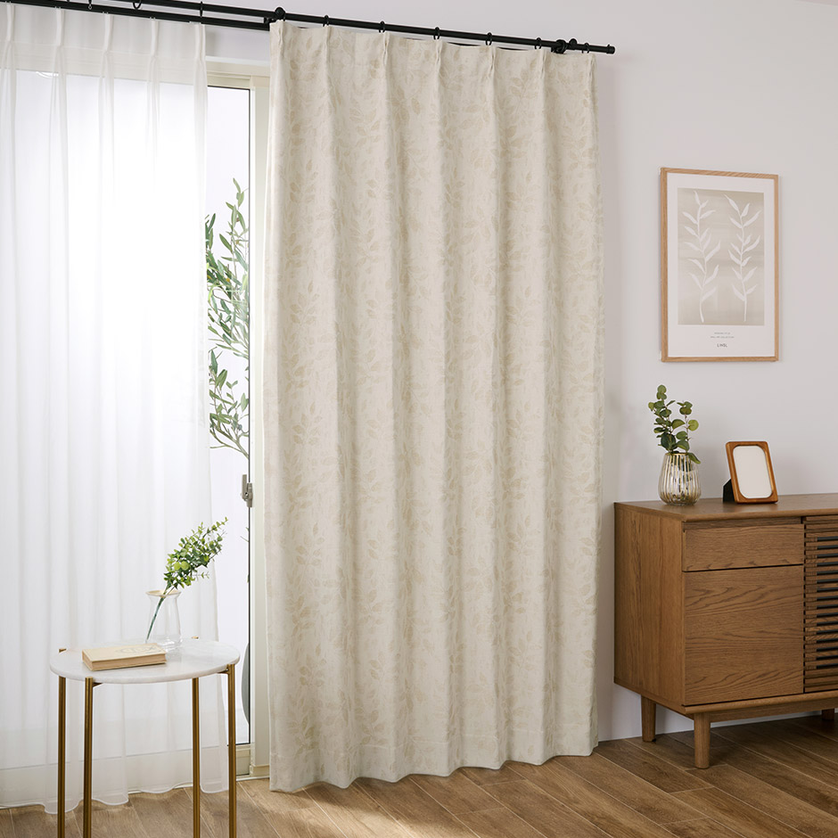 ニュアンス感がおしゃれ！リーフ柄のジャガード織 1級遮光カーテン X2401