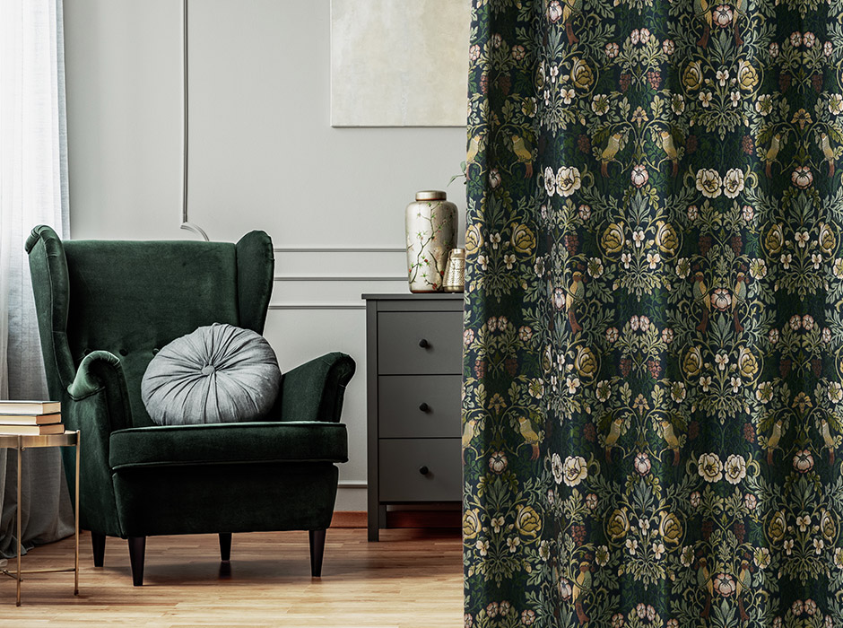 英国調の草花と鳥が優雅に彩る｜高級ジャガード織 1級遮光カーテン 5413