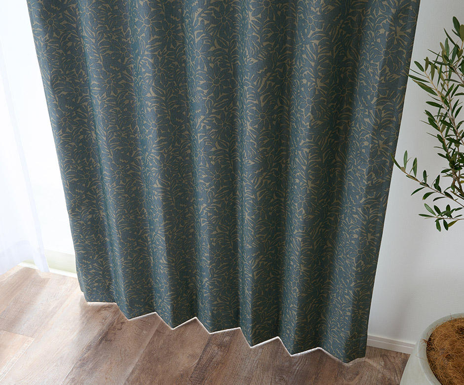 北欧モダンな小鳥と花柄の1級遮光カーテン ラッシュ（D-1195)