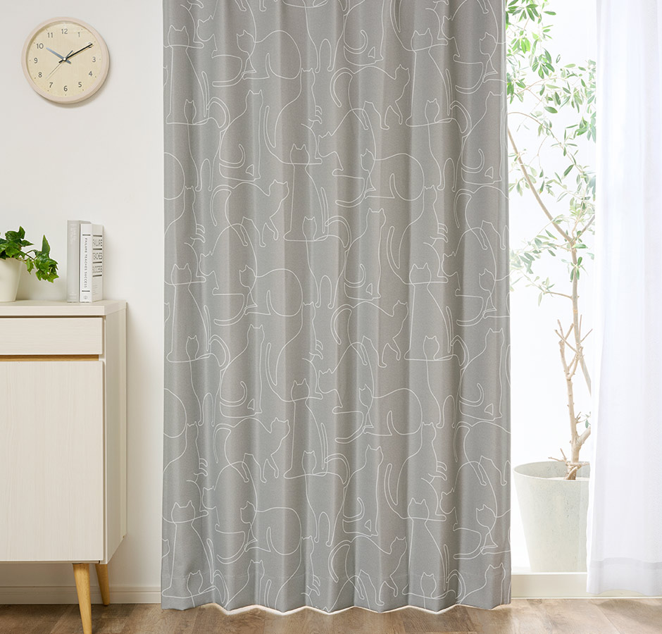 ネコ好きにはたまらない！おしゃれな1級遮光カーテン ニャーン（D-1195)