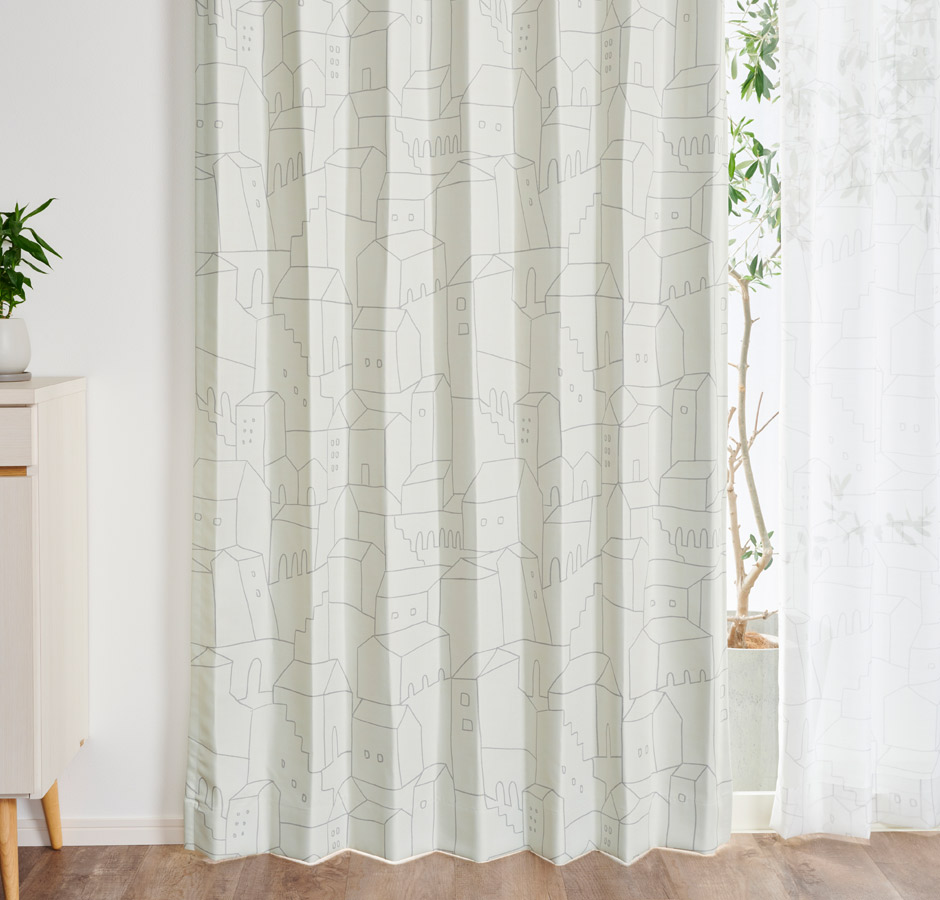 【1級遮光カーテン】北欧テイストの街のデザインがおしゃれ マチ（D-1195) 