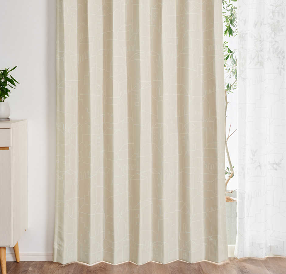 【1級遮光カーテン】北欧テイストの街のデザインがおしゃれ マチ（D-1195) 