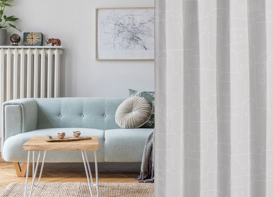【1級遮光カーテン】北欧テイストの街のデザインがおしゃれ マチ（D-1195) 