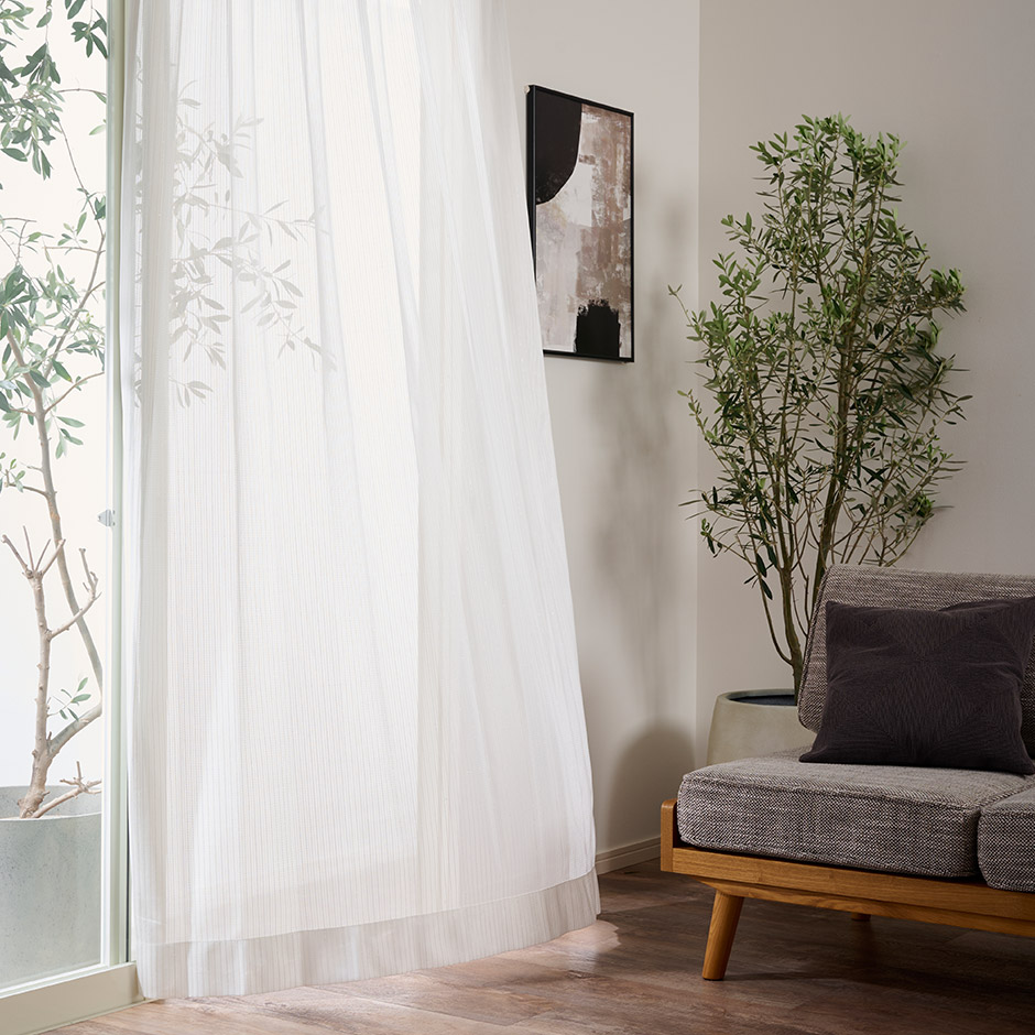  帝人「エコペット」を使用！すっきとしたストライプ柄のレースカーテン　L-1257