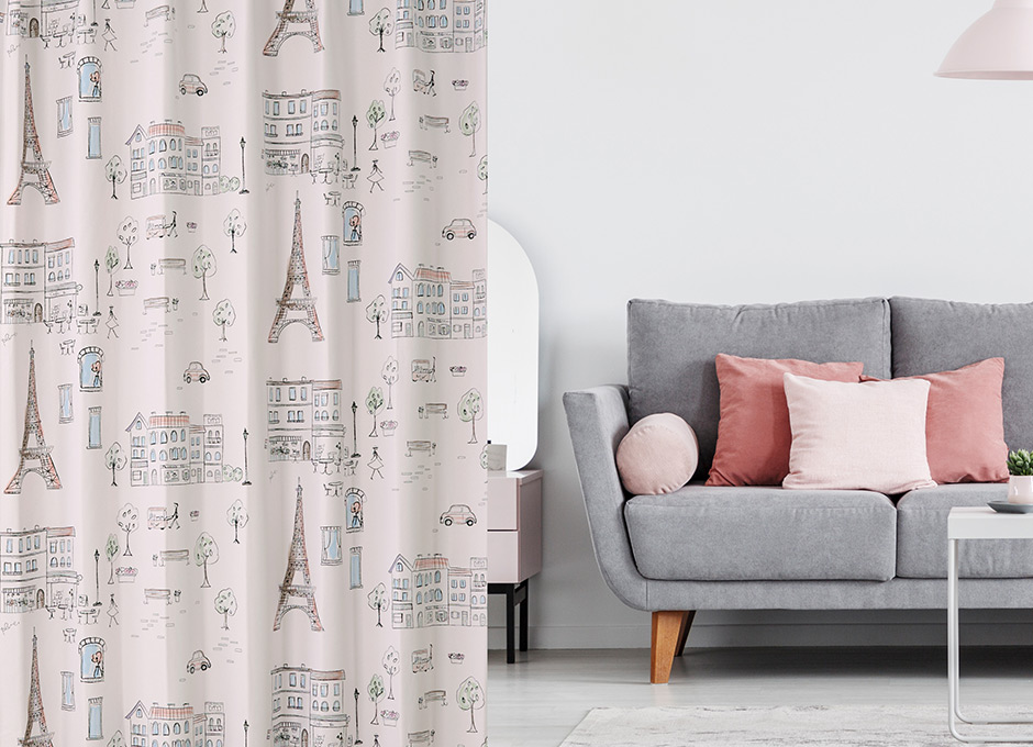 手書き風のパリの街並みがロマンティックな2級遮光カーテン　パリの絵（D-8009）