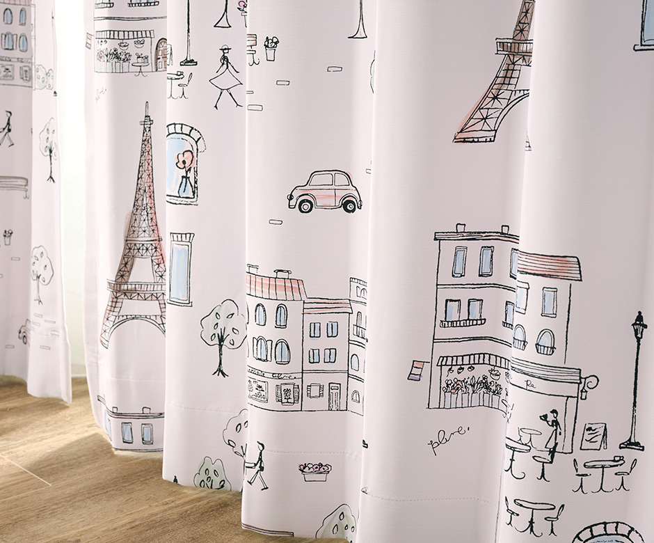 手書き風のパリの街並みがロマンティックな2級遮光カーテン　パリの絵（D-8009）