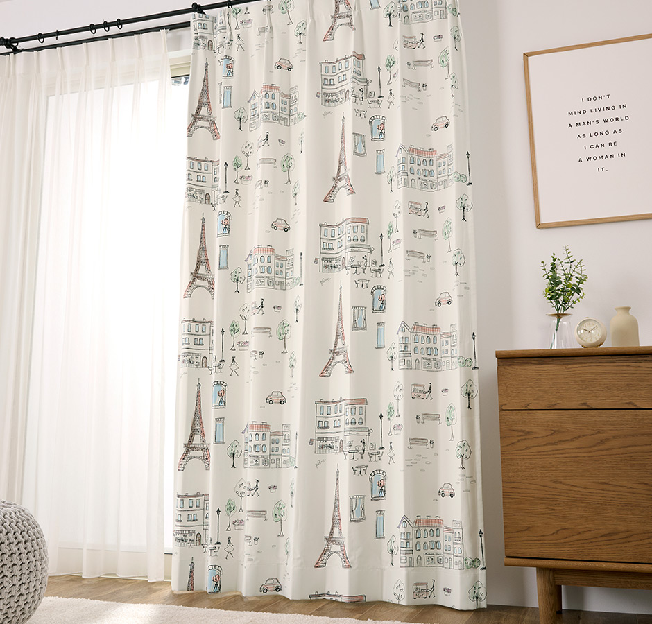 手書き風のパリの街並みがロマンティックな2級遮光カーテン　パリの絵（D-8009）