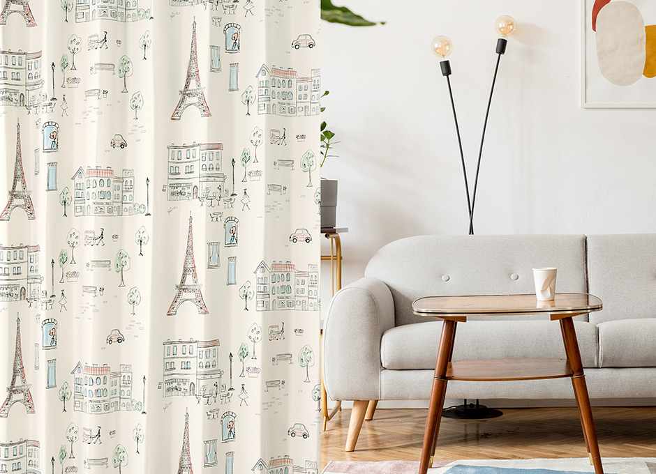 手書き風のパリの街並みがロマンティックな2級遮光カーテン　パリの絵（D-8009）