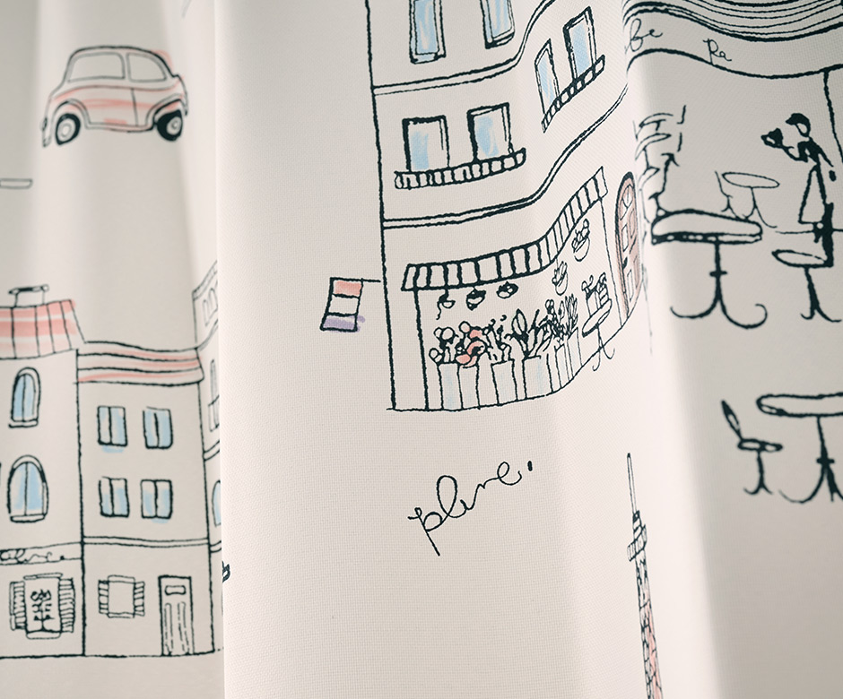 手書き風のパリの街並みがロマンティックな2級遮光カーテン　パリの絵（D-8009）