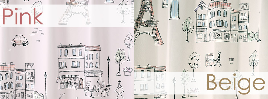 手書き風のパリの街並みがロマンティックな2級遮光カーテン　パリの絵（D-8009）