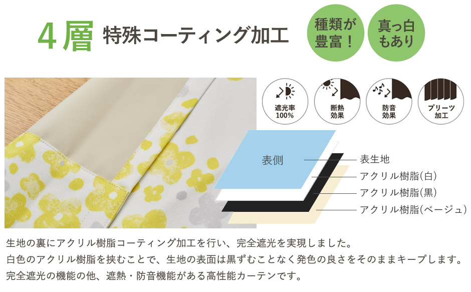 完全遮光の機能の他、遮熱・防音効果があり、生地本来の風合いに近い状態にできます。さらにアクリル樹脂コーティング加工に比べ、約30%の重量カットに成功。カーテンレールへの負担も心配ありません。