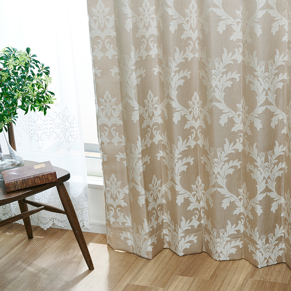 大きなつる柄と単色使いで使いやすい裏地付き2級遮光カーテン　アンドレー