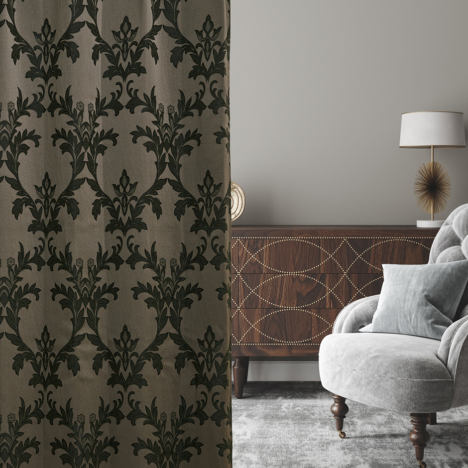 大きなつる柄と単色使いで使いやすい裏地付き2級遮光カーテン　アンドレー