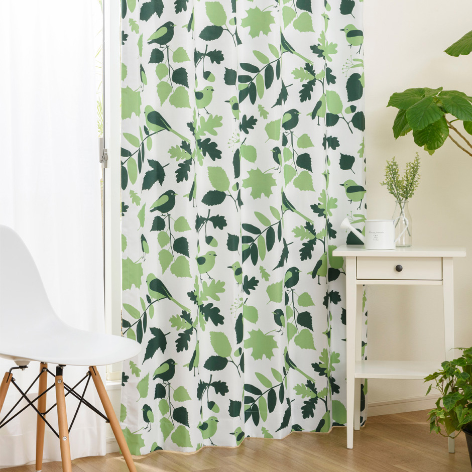 かわいい小鳥とリーフ柄の2級遮光カーテン　BIRDS11078