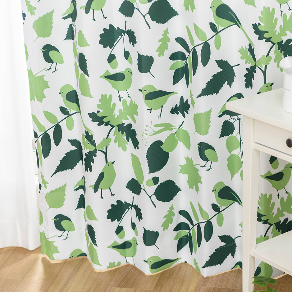 かわいい小鳥とリーフ柄の2級遮光カーテン　BIRDS11078