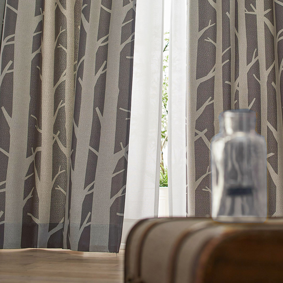 【3級遮光カーテン】北欧モダンな白樺の樹のシルエット　シラカバ