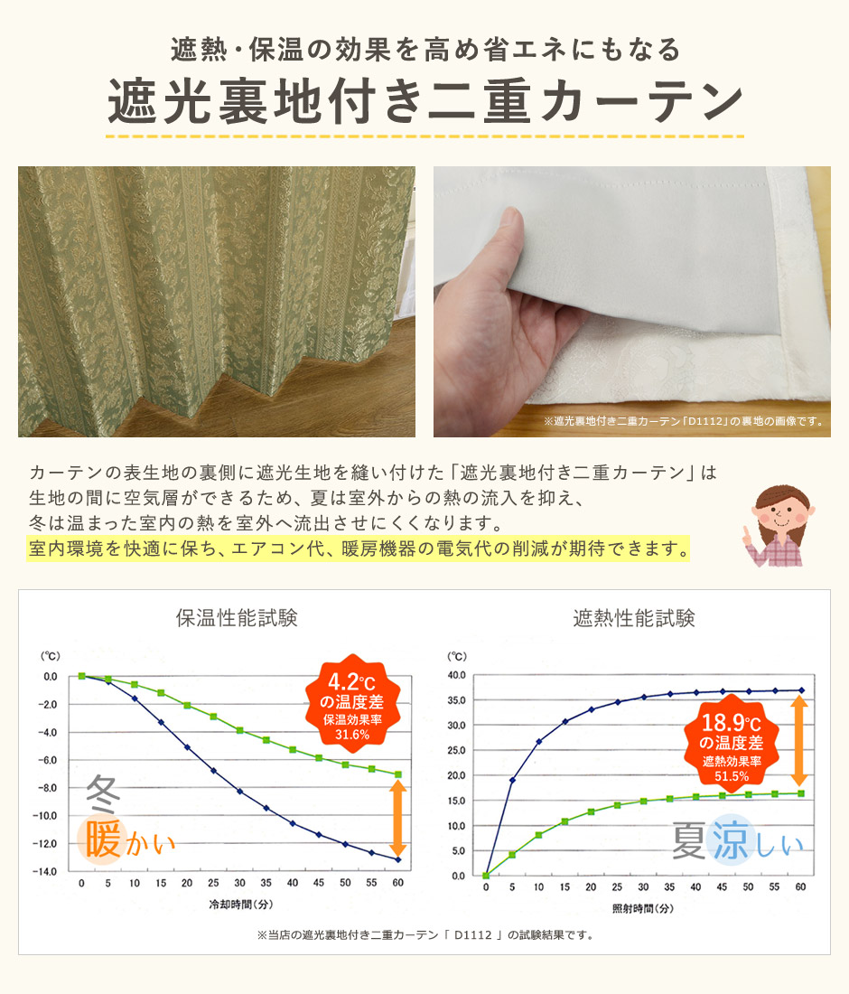 遮熱・保温の効果を高め省エネにもなる「遮光裏地付き二重カーテン」