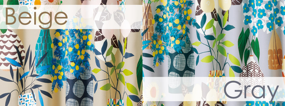 【2～3級遮光カーテン】可愛い花瓶と植物を大胆にデザインした　フラワーポット（D-1196)