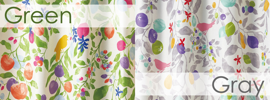 【2級遮光カーテン】小鳥や植物を鮮やかな水彩タッチで表現した フルーツトリ（D-1196)