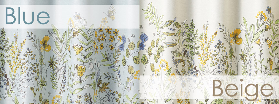 【2級遮光カーテン】道ばたに咲く植物や蝶を大胆に構成したボーダー柄　ミチクサ（D-1196)